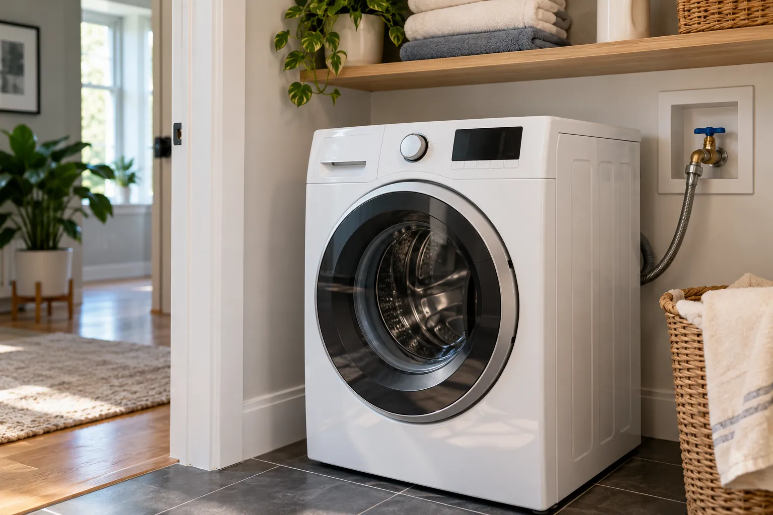 Scène illustrative : arrivée d’eau accessible à côté d’un lave-linge