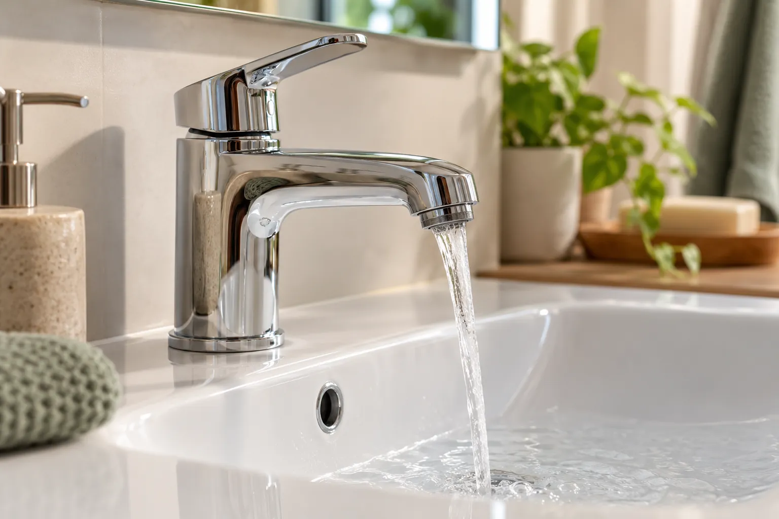Scène illustrative : jet d’eau au bec d’un mitigeur de lavabo