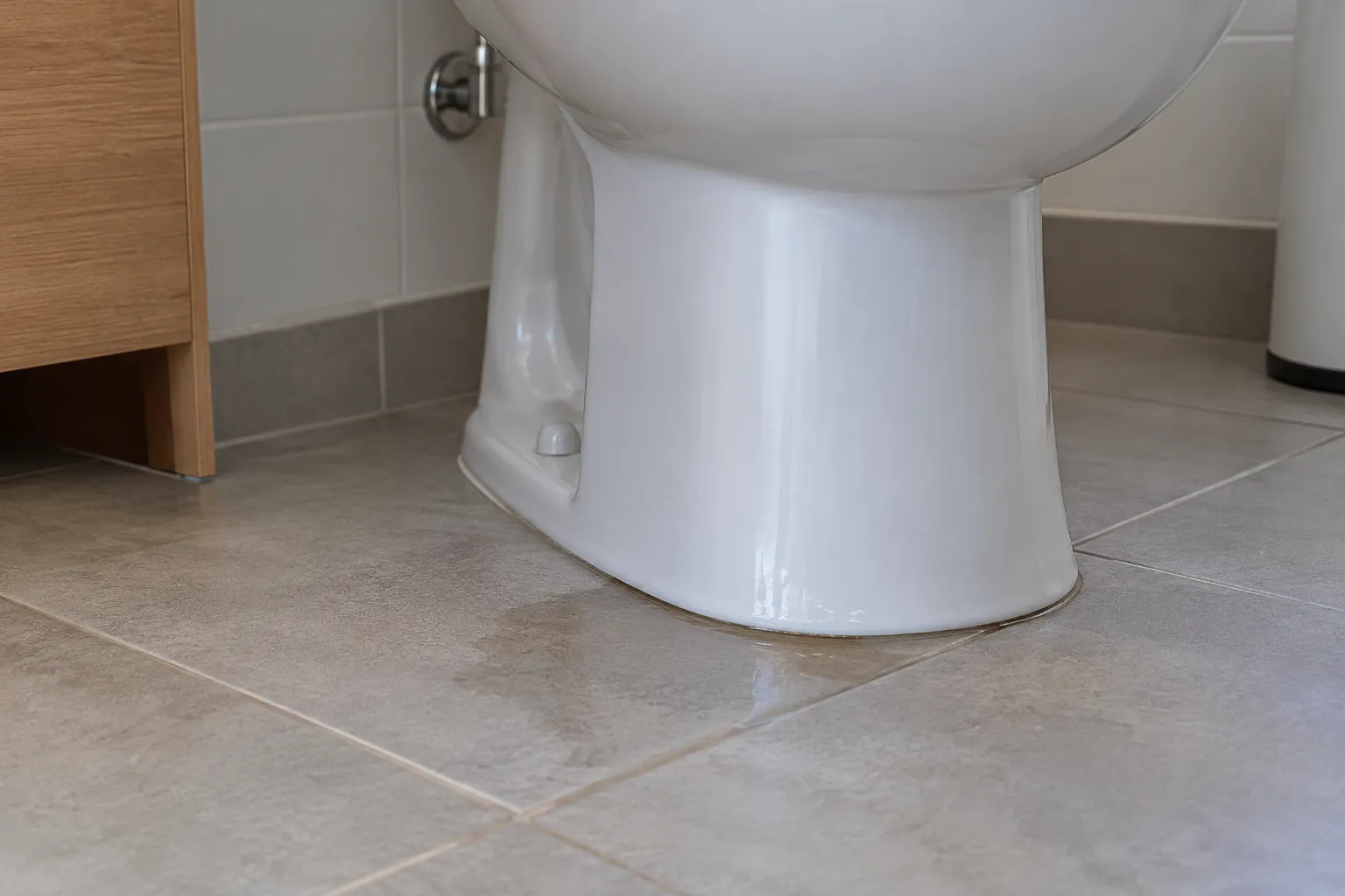 Scène illustrative : petite trace humide sur le carrelage près du pied d’un WC