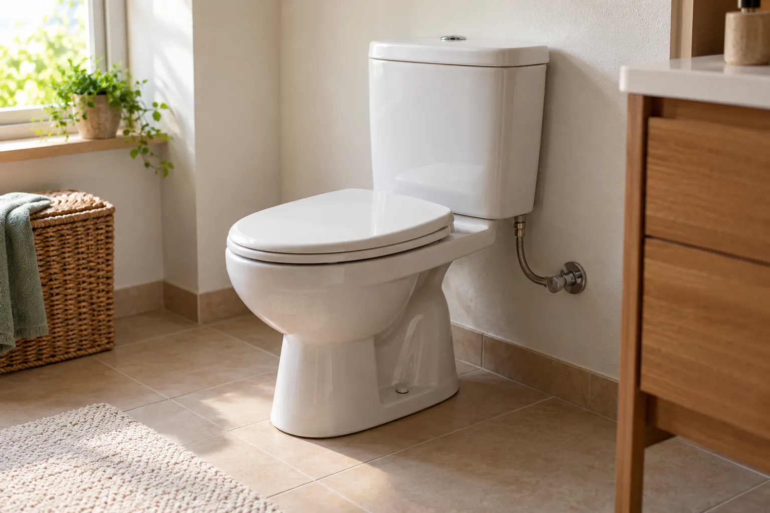 Scène illustrative : WC à réservoir apparent et arrivée d’eau visible